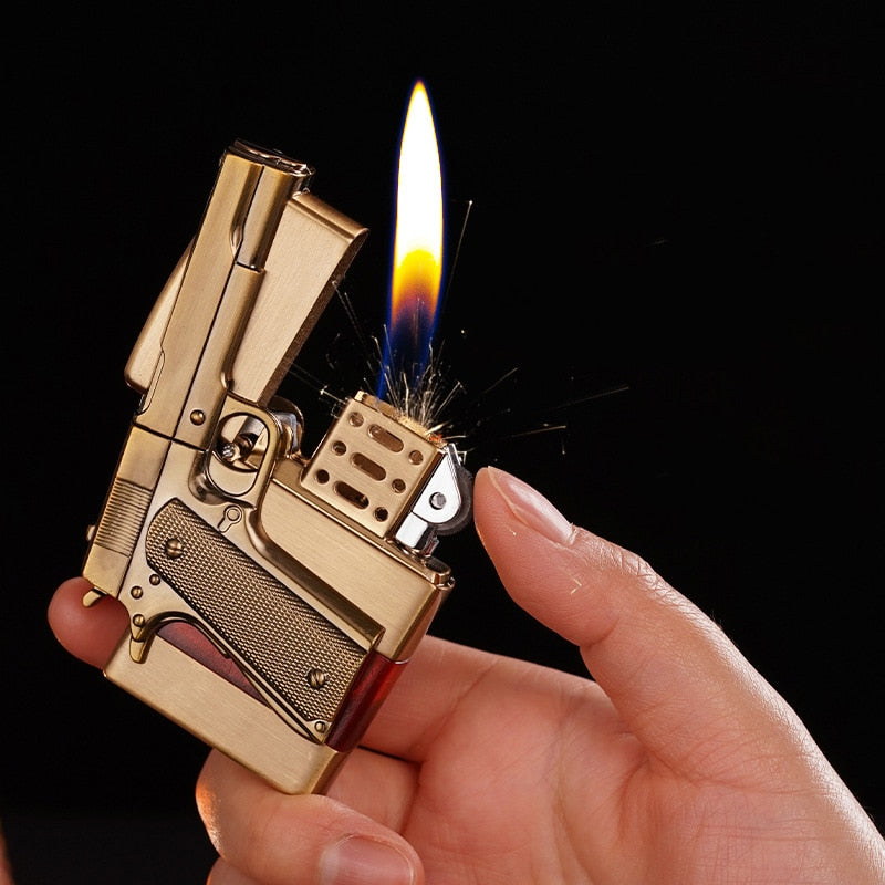 HOT SELLER! Metal Gas Pistol Shape Lighter Transparent Oil Tank Retro Grinding Wheel Cigar Windproof Lighter For Men Cigarette Accessories