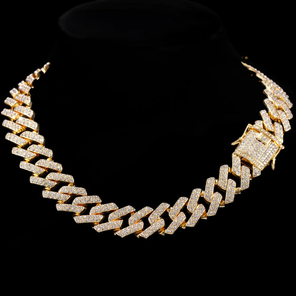 Rhinestones Prong Cuban Link Chain 2 Row Crystal Curb Cuban Chain 13/14/20MM