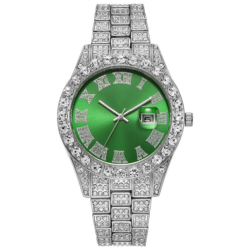 Steel Band Roman Scale Diamond Encrusted Calendar Quartz Watch Digital