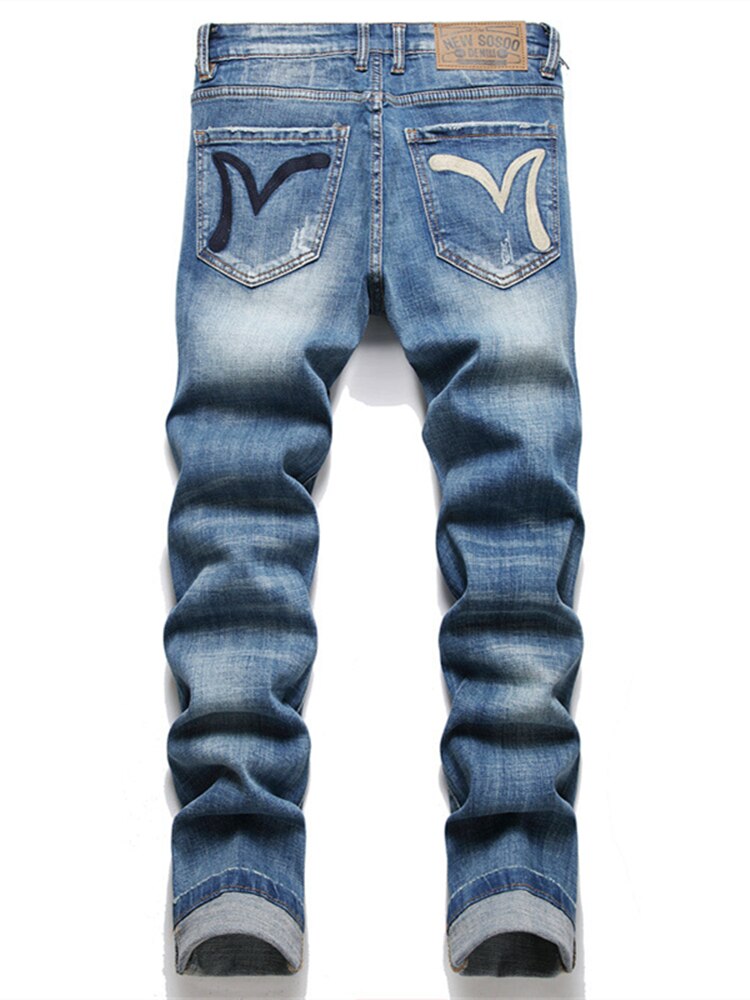 2023 Style Blue Embroidery Slim Stretch Jeans Men Mid-Waist Classic Style Pencil Pants Fashion Scratch Clothing