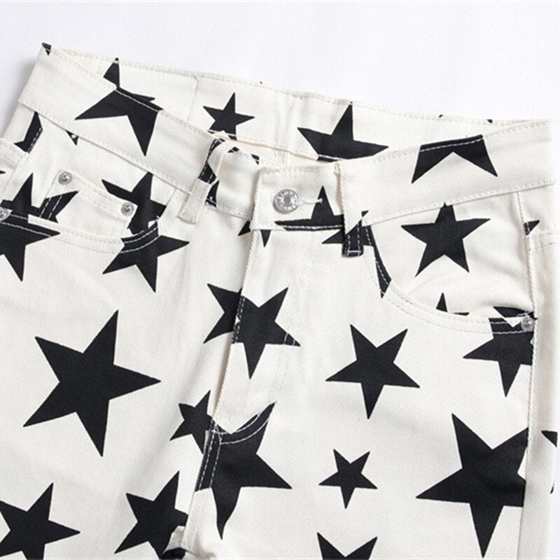 New European 5-pointed Star Digital Printed Jeans Men Slim Body Flower Trousers Fashion Stretch Pencil Pants Casual Cllothing