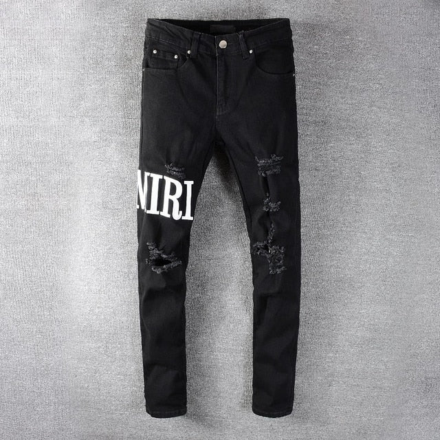 Fashion Patch Ripped Blue Jeans Men Slim Fit Designer Washed Denim Jeans Trousers Men Hip Hop DJ Party Jeans Punk Rock Pants