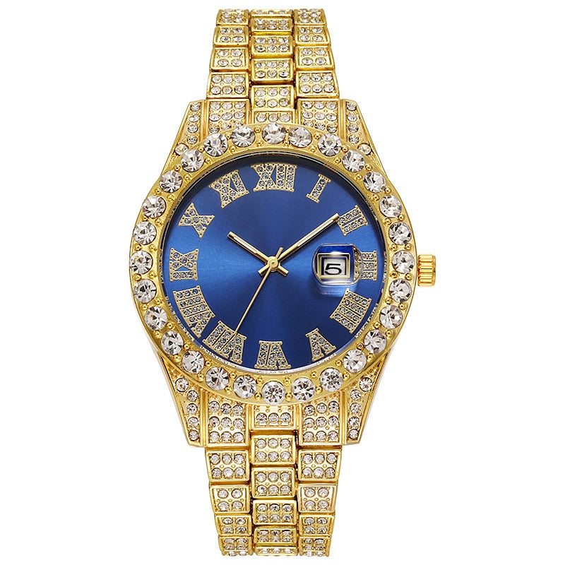 Steel Band Roman Scale Diamond Encrusted Calendar Quartz Watch Digital