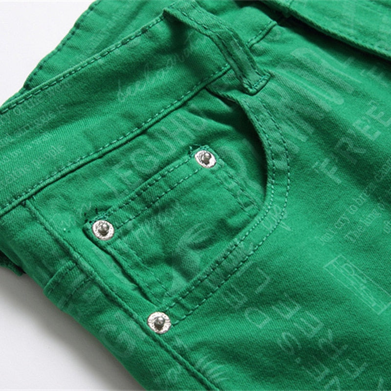 New Summer Street Men Jeans Digital Print Green Slim Trousers Mid-Waist Casual Hip Hop Clothing