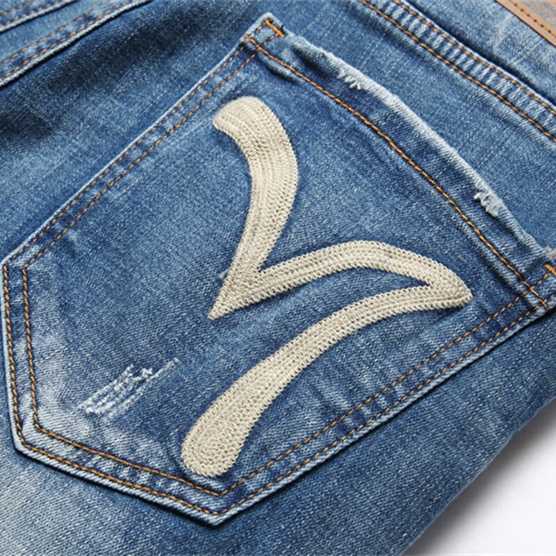 2023 Style Blue Embroidery Slim Stretch Jeans Men Mid-Waist Classic Style Pencil Pants Fashion Scratch Clothing