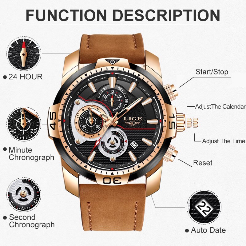 Mens Watches Top Brand Luxury Casual Leather Quartz Clock Male Sport Waterproof Watch Gold Watch for Men