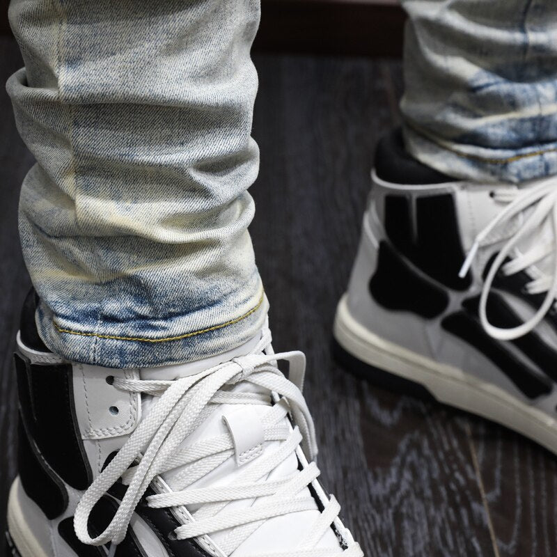 Street Fashion Men Jeans Retro Yellow Blue Elastic Stretch Skinny Ripped Jeans Men Brand Patches Designer Hip Hop Pants Hombre