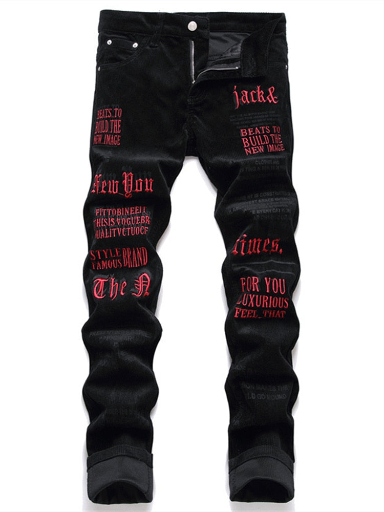 New Style Men Black Jeans Corduroy Casual Letter Embroidered Fashion Trousers Mid-Waist