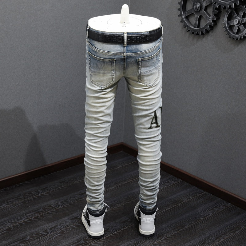 Street Fashion Men Jeans Retro Yellow Blue Elastic Stretch Skinny Ripped Jeans Men Brand Patches Designer Hip Hop Pants Hombre