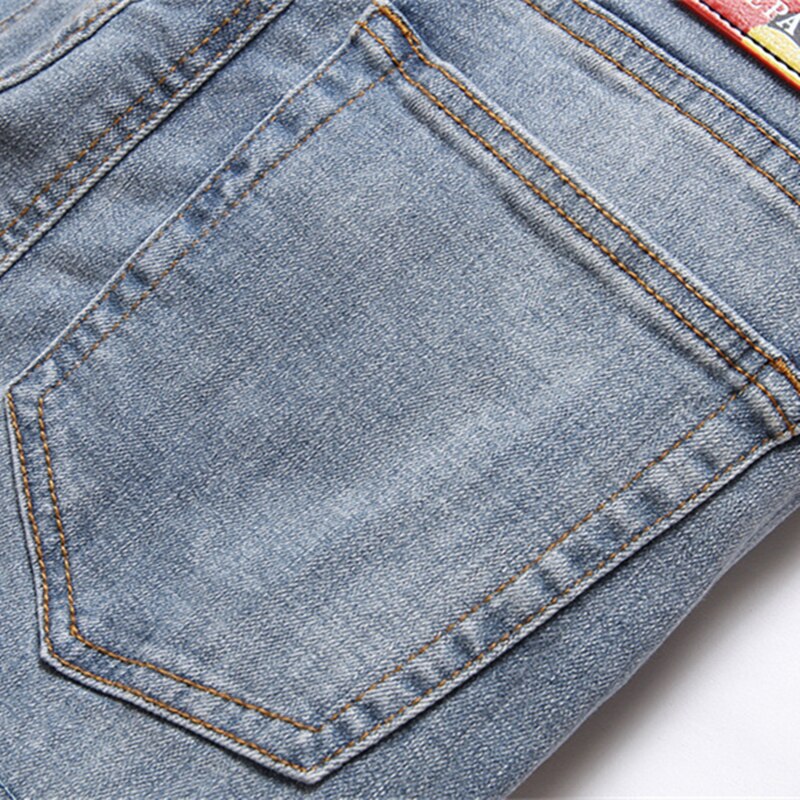 Trend Blue Hole Slim Seans Autumn Stickers Fashion Biker Pencil Pants Mid-Waists Casual Men Clothing