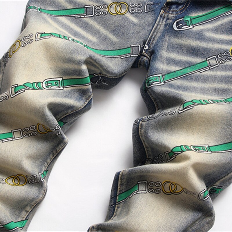 New Fashion Printed Jeans Stretch Slim Retro Pencil Pants High Street Casual Mid-Waist Motorcycle Trend Trousers