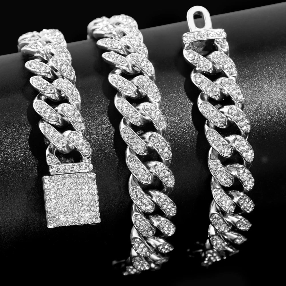 Rhinestones Prong Cuban Link Chain 2 Row Crystal Curb Cuban Chain 13/14/20MM
