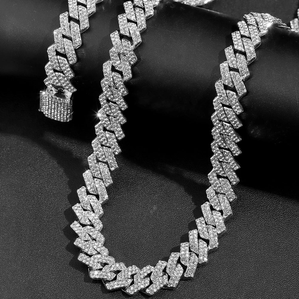 Rhinestones Prong Cuban Link Chain 2 Row Crystal Curb Cuban Chain 13/14/20MM