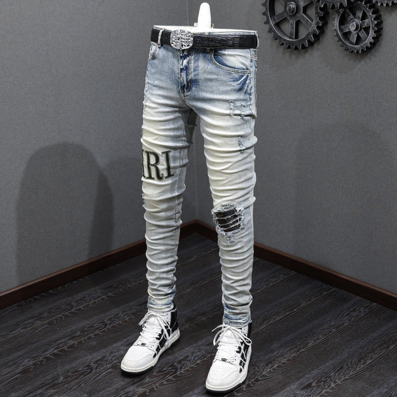 Street Fashion Men Jeans Retro Yellow Blue Elastic Stretch Skinny Ripped Jeans Men Brand Patches Designer Hip Hop Pants Hombre