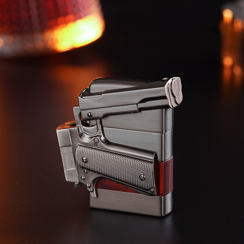HOT SELLER! Metal Gas Pistol Shape Lighter Transparent Oil Tank Retro Grinding Wheel Cigar Windproof Lighter For Men Cigarette Accessories
