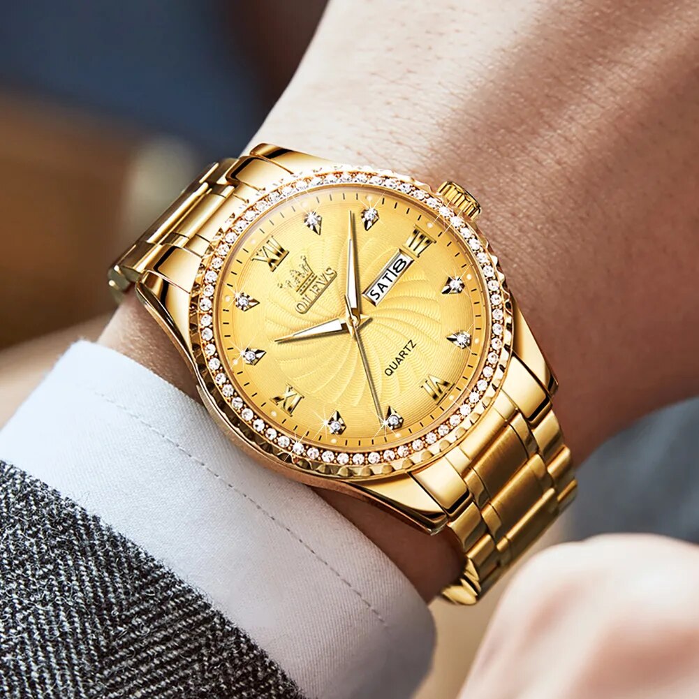 OLEVS Fashion Casual Quartz Men Wristwatches Golden Diamond-encrusted Luxury Business Waterproof Male Watches Relogios Masculino