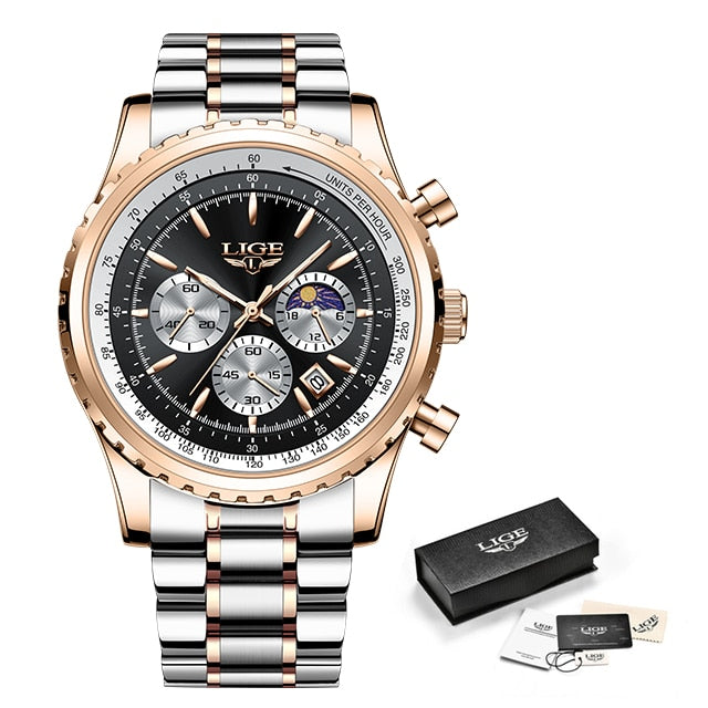 Fashion Mens Watch Stainless Steel Top Brand Luxury Sport Chronograph Quartz Wrist Watches for Men Relogio Masculino+Box
