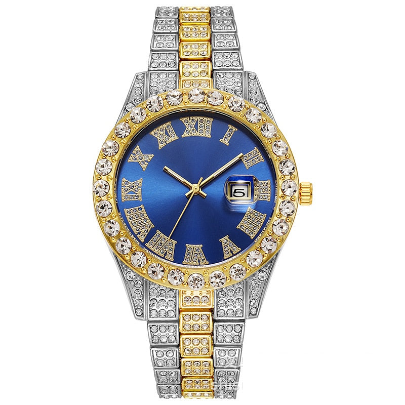 Steel Band Roman Scale Diamond Encrusted Calendar Quartz Watch Digital