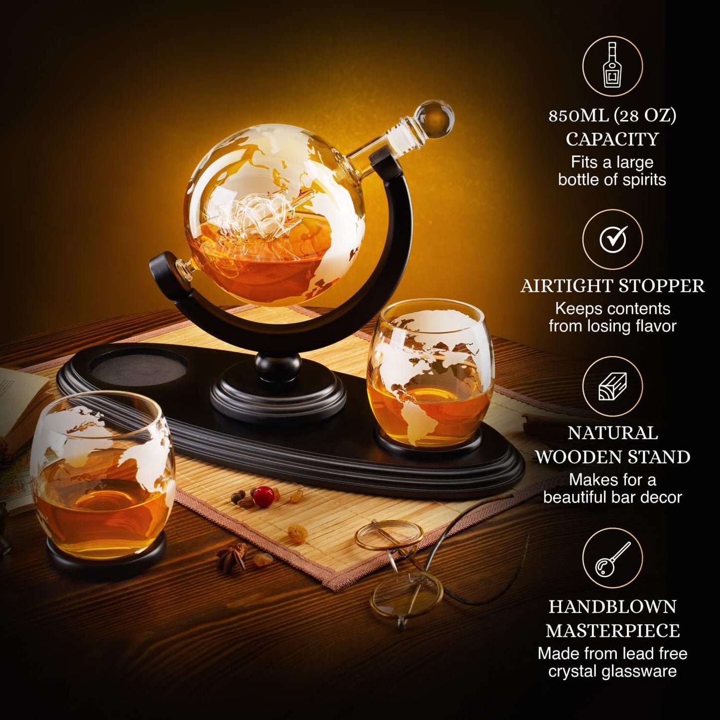 Globe Whiskey Decanter Gift Set Handmade Home Bar Decor Airtight Liquor Dispense Gift for Men Dad Boyfriend Husband 850 ML
