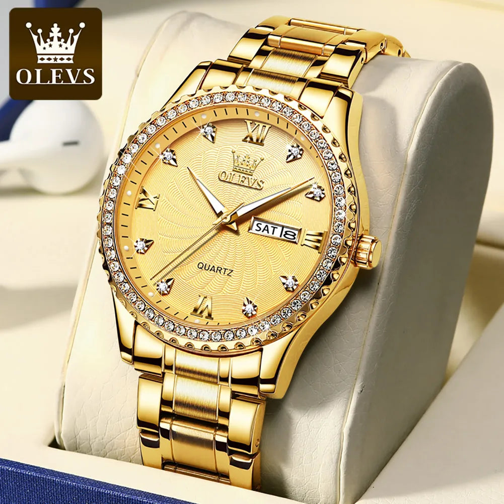 OLEVS Fashion Casual Quartz Men Wristwatches Golden Diamond-encrusted Luxury Business Waterproof Male Watches Relogios Masculino