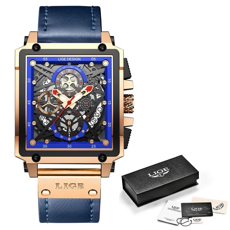 Men Watches Top Brand Luxury Hollow Square Sport Watch For Men Fashion Leather Strap Waterproof Quartz WristWatch