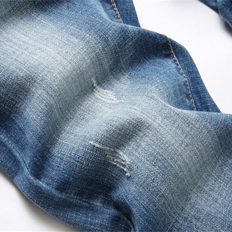 2023 Style Blue Embroidery Slim Stretch Jeans Men Mid-Waist Classic Style Pencil Pants Fashion Scratch Clothing
