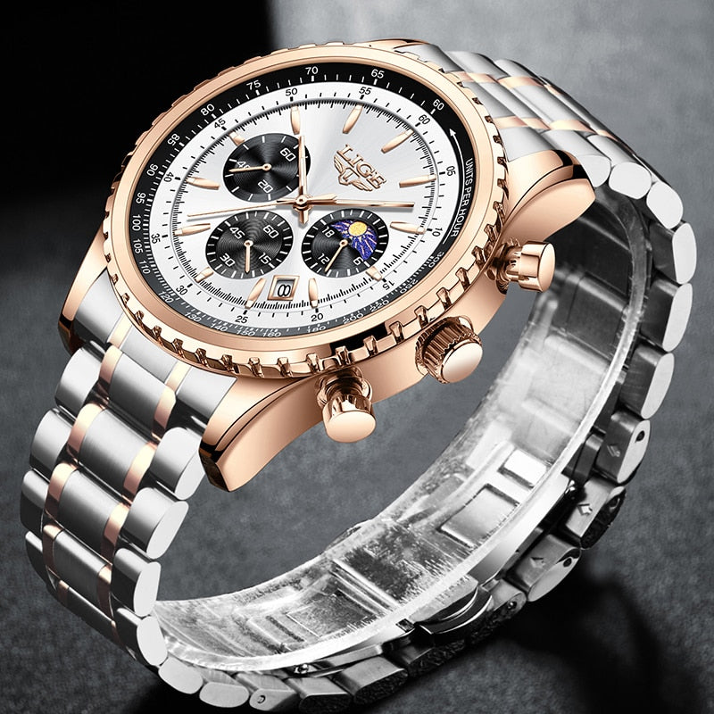 Fashion Mens Watch Stainless Steel Top Brand Luxury Sport Chronograph Quartz Wrist Watches for Men Relogio Masculino+Box
