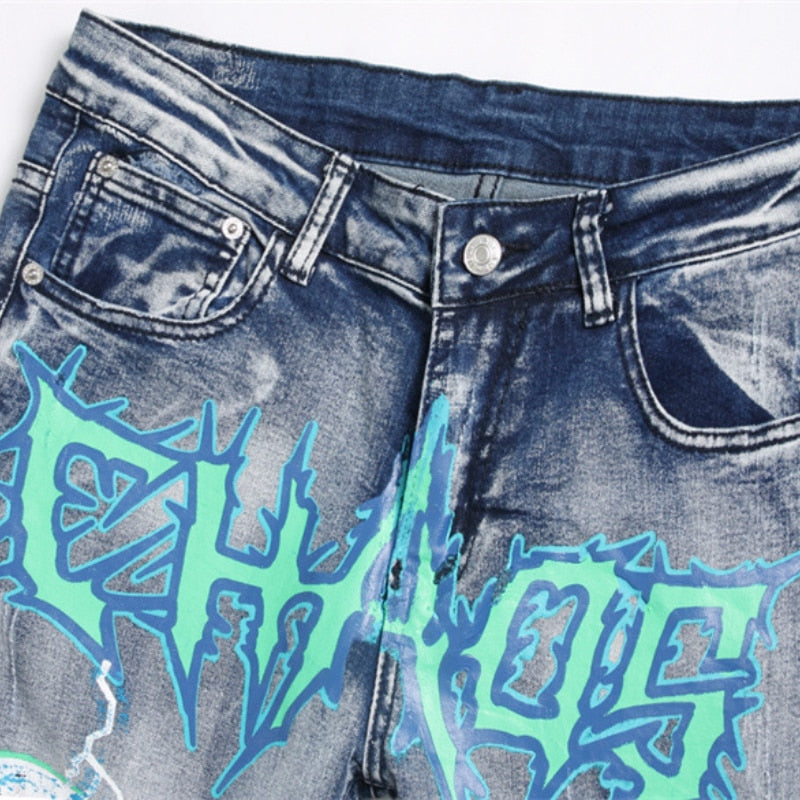 Men's Four Seasons Casual Punk Style Slim High Quality Pencil Pants Fashion Trend Retro Print Stretch Long Ripped Men's Jeans