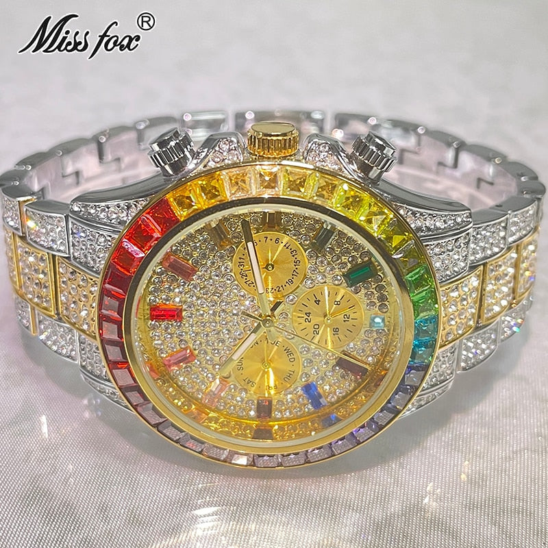 Luxury Brand Gold Watches Men Fashion Rainbow Diamond Waterproof Smart Watch Full Steel Sports Clocks