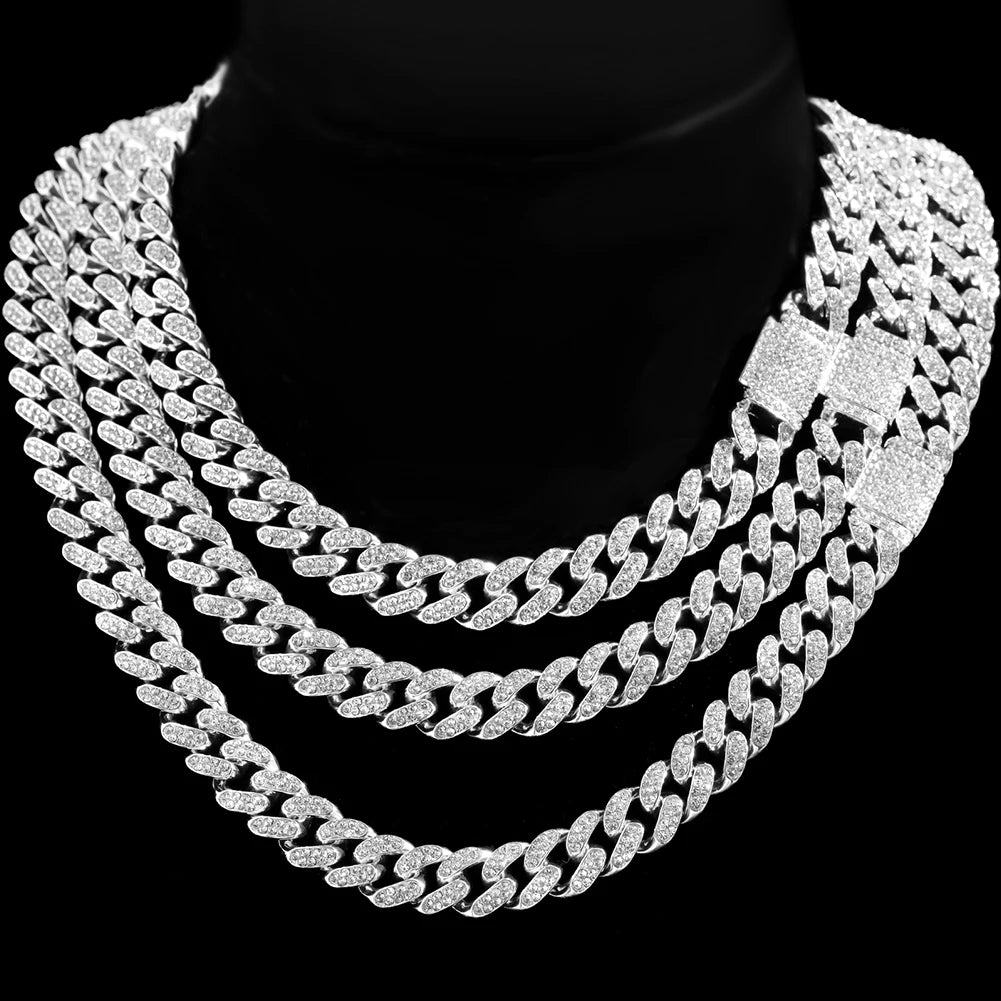 Rhinestones Prong Cuban Link Chain 2 Row Crystal Curb Cuban Chain 13/14/20MM