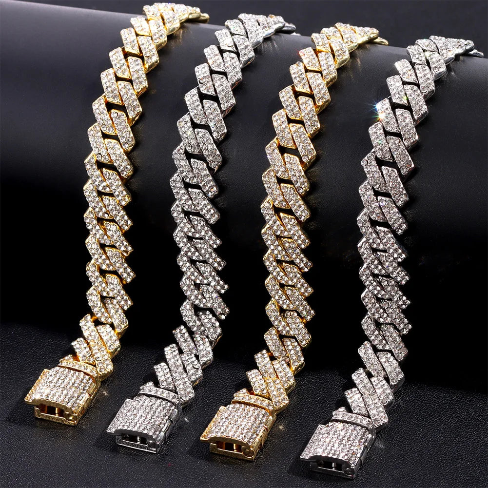 Rhinestones Prong Cuban Link Chain 2 Row Crystal Curb Cuban Chain 13/14/20MM