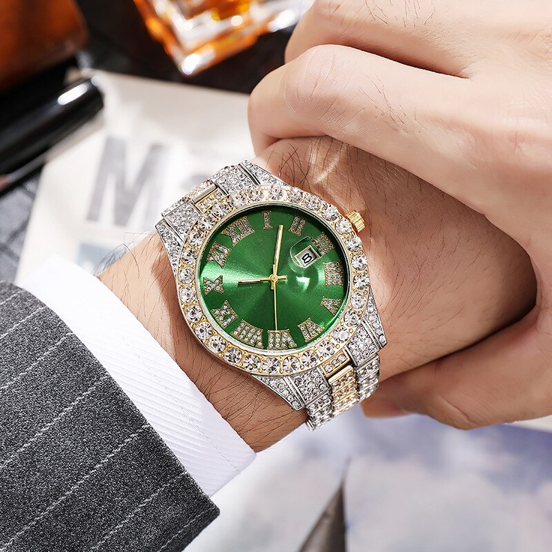 Steel Band Roman Scale Diamond Encrusted Calendar Quartz Watch Digital