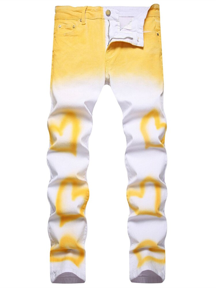 New 2023 Summer Street Personality Fashion Hand-Painted Jeans Men Mid-Waist Elastic Slim Pencil Pants Match Color Casual Pants