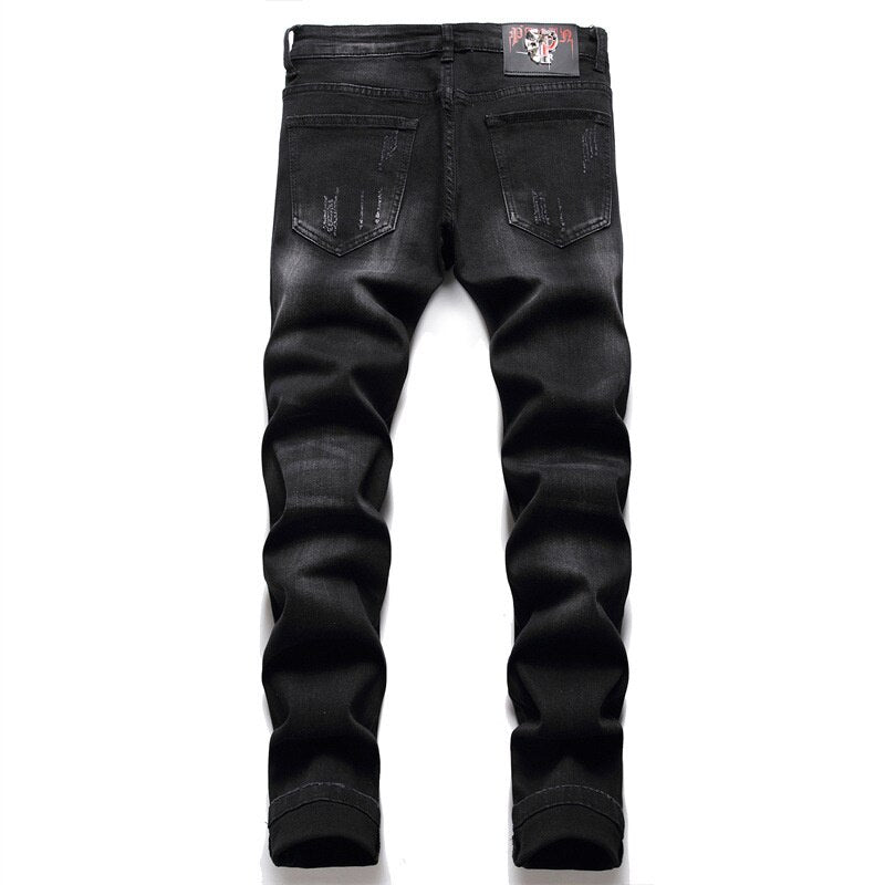 New Ripped Black Jeans Men Fashion Skull Embroidery Slim Stretch Pants Nightclub Motorcycle Trend Clothing