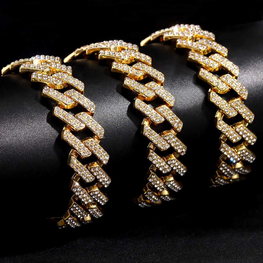 Rhinestones Prong Cuban Link Chain 2 Row Crystal Curb Cuban Chain 13/14/20MM