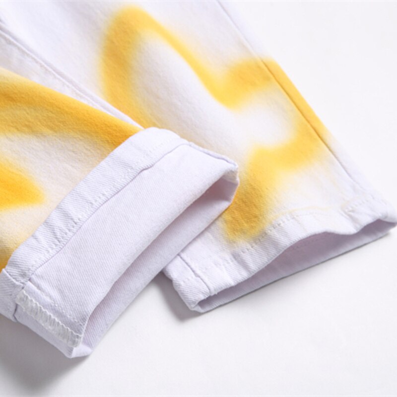 New 2023 Summer Street Personality Fashion Hand-Painted Jeans Men Mid-Waist Elastic Slim Pencil Pants Match Color Casual Pants