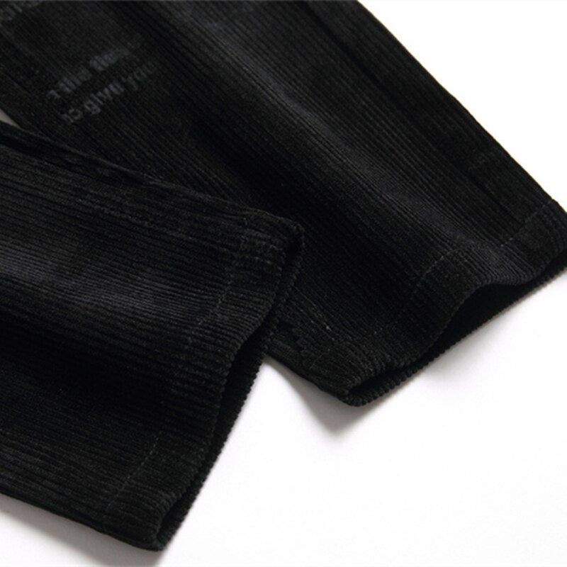 New Style Men Black Jeans Corduroy Casual Letter Embroidered Fashion Trousers Mid-Waist
