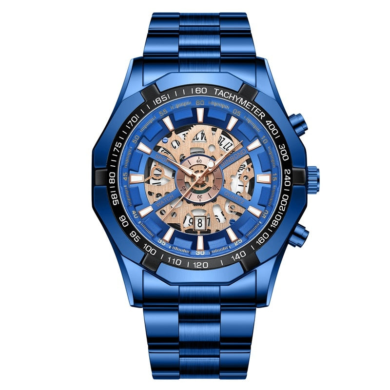 Mens Watches Top Brand Luxury Stainless Steel Waterproof Hollow Out Blue Big Male Wristwatches