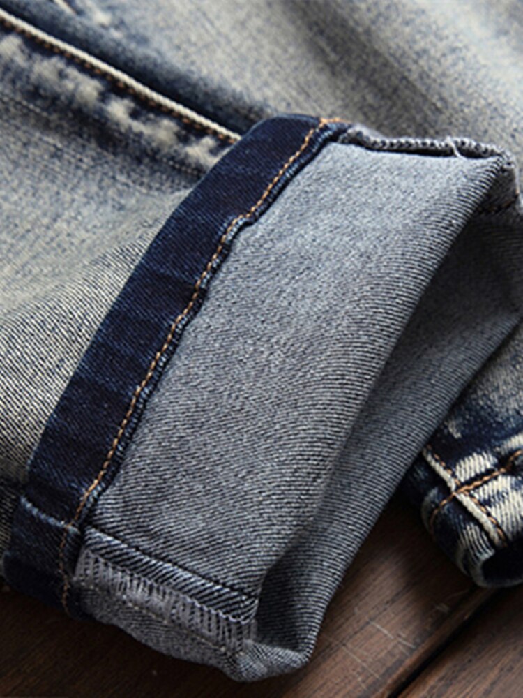 New Retro Men Stitching Simple Jeans Personality Mid-Waist Slacks Fashion Zipper Motorcycle Hip Hop Clothing