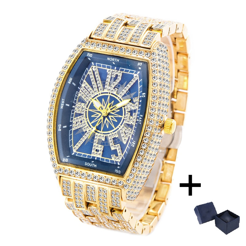 Luxury Mens Watches Fashion Hip Hop Iced Diamond Waterproof Tonneau AAA Quartz Wristwatch