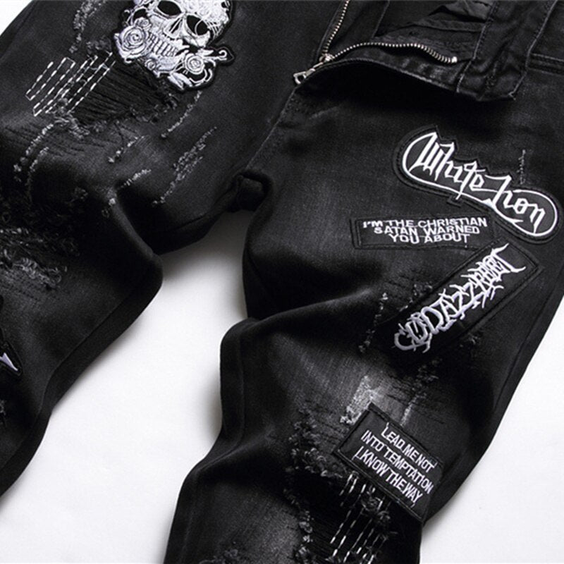 New Ripped Black Jeans Men Fashion Skull Embroidery Slim Stretch Pants Nightclub Motorcycle Trend Clothing