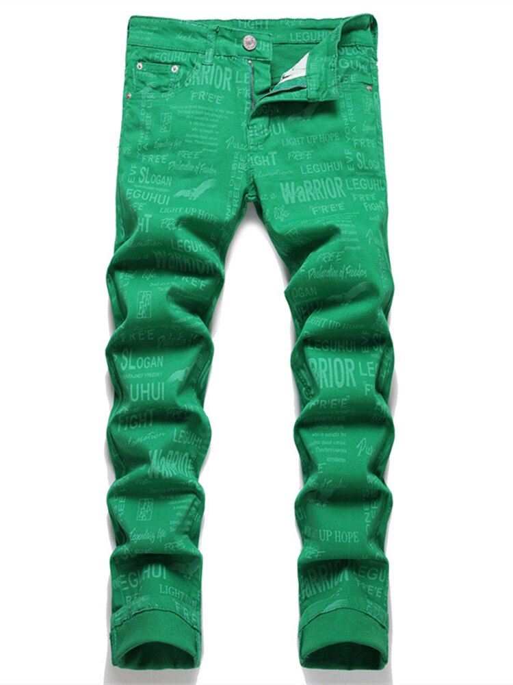 New Summer Street Men Jeans Digital Print Green Slim Trousers Mid-Waist Casual Hip Hop Clothing