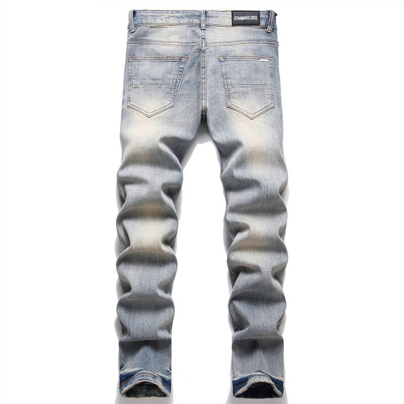 starbags dsq Slim Stretch Feet Men's cotton elastic Embroidered leather label Ripped Stars Vintage men's European Jeans