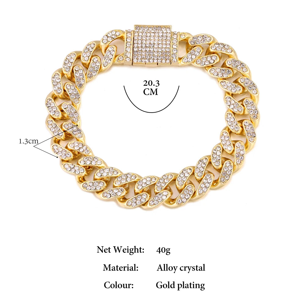 Rhinestones Prong Cuban Link Chain 2 Row Crystal Curb Cuban Chain 13/14/20MM