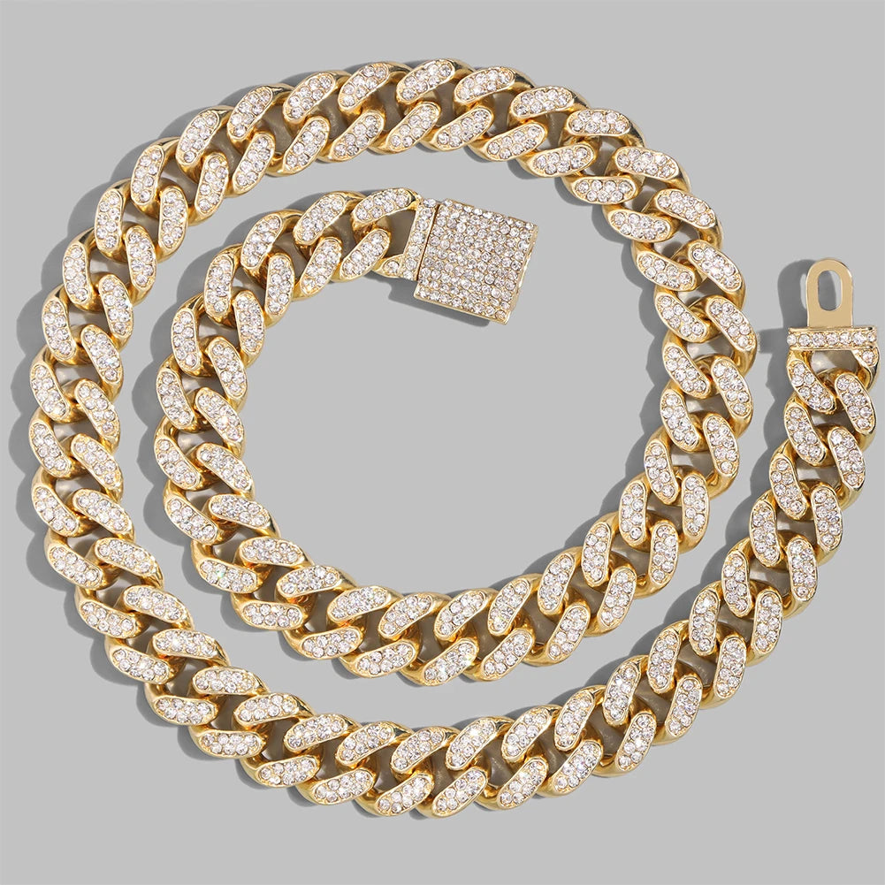 Rhinestones Prong Cuban Link Chain 2 Row Crystal Curb Cuban Chain 13/14/20MM