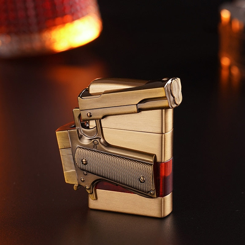HOT SELLER! Metal Gas Pistol Shape Lighter Transparent Oil Tank Retro Grinding Wheel Cigar Windproof Lighter For Men Cigarette Accessories