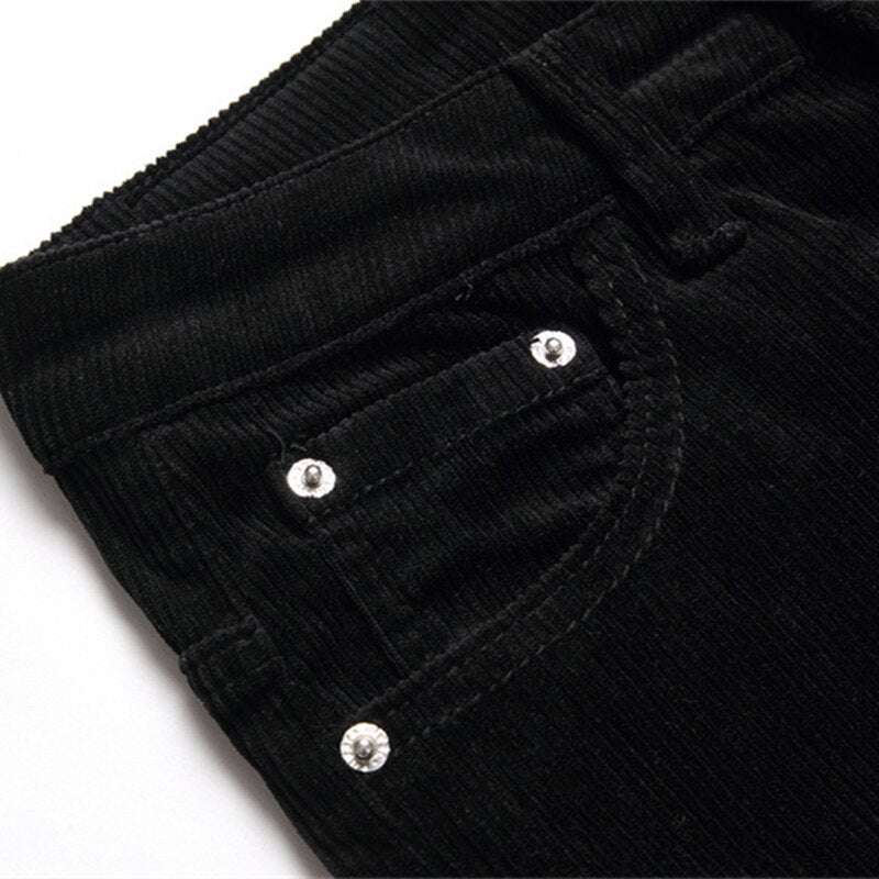 New Style Men Black Jeans Corduroy Casual Letter Embroidered Fashion Trousers Mid-Waist
