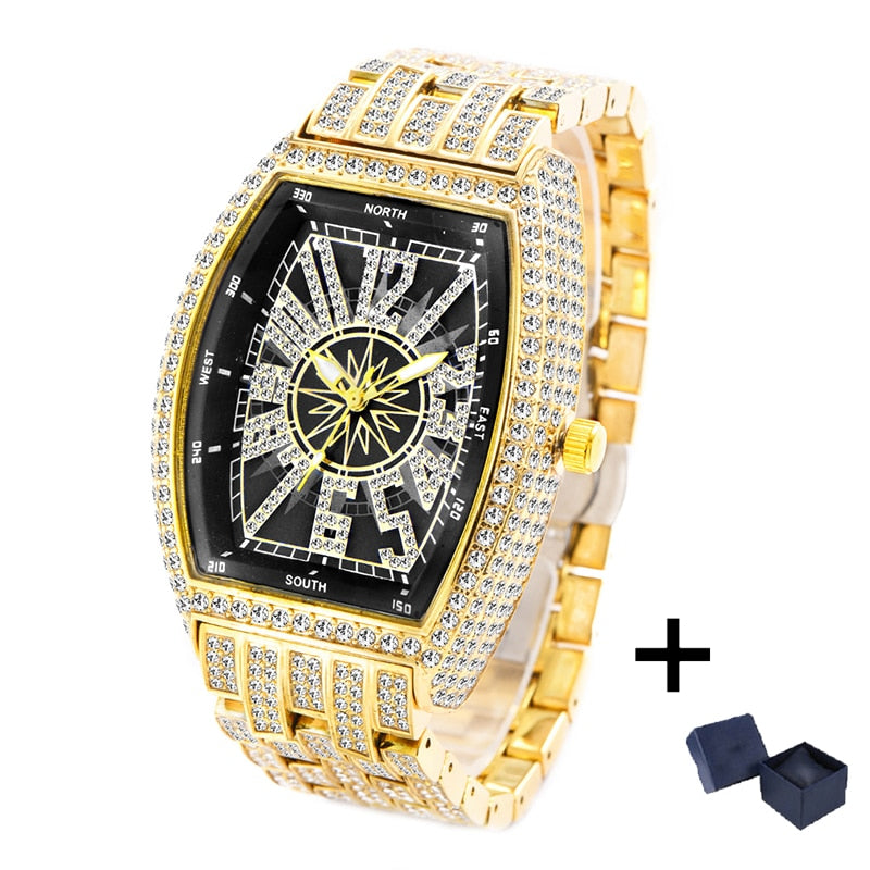 Luxury Mens Watches Fashion Hip Hop Iced Diamond Waterproof Tonneau AAA Quartz Wristwatch