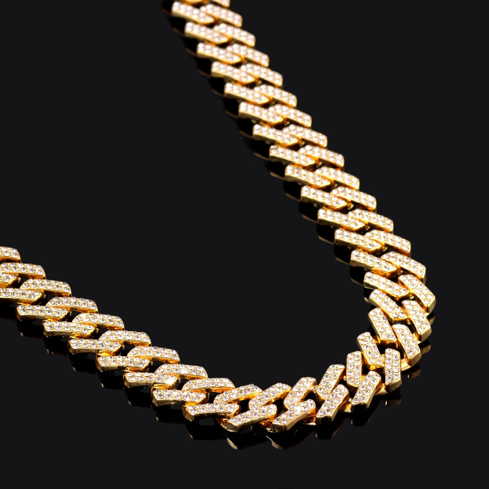 Rhinestones Prong Cuban Link Chain 2 Row Crystal Curb Cuban Chain 13/14/20MM