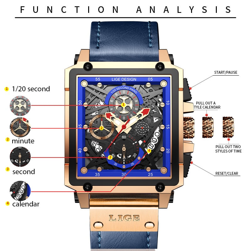 Men Watches Top Brand Luxury Hollow Square Sport Watch For Men Fashion Leather Strap Waterproof Quartz WristWatch